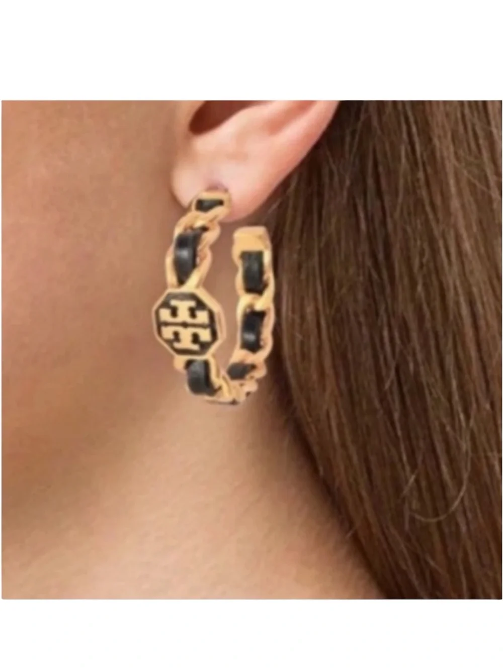 Tory Burch Marion Black Woven Hoop Earrings